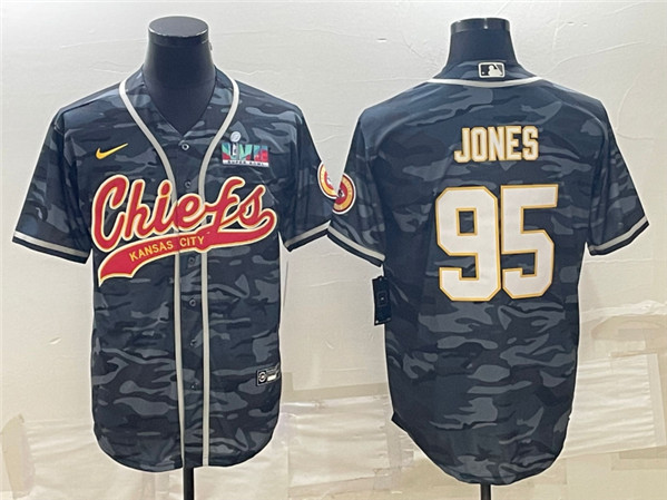 Men's Kansas City Chiefs #95 Chris Jones Gray Camo With Super Bowl LVII Patch Cool Base Stitched Baseball Jersey
